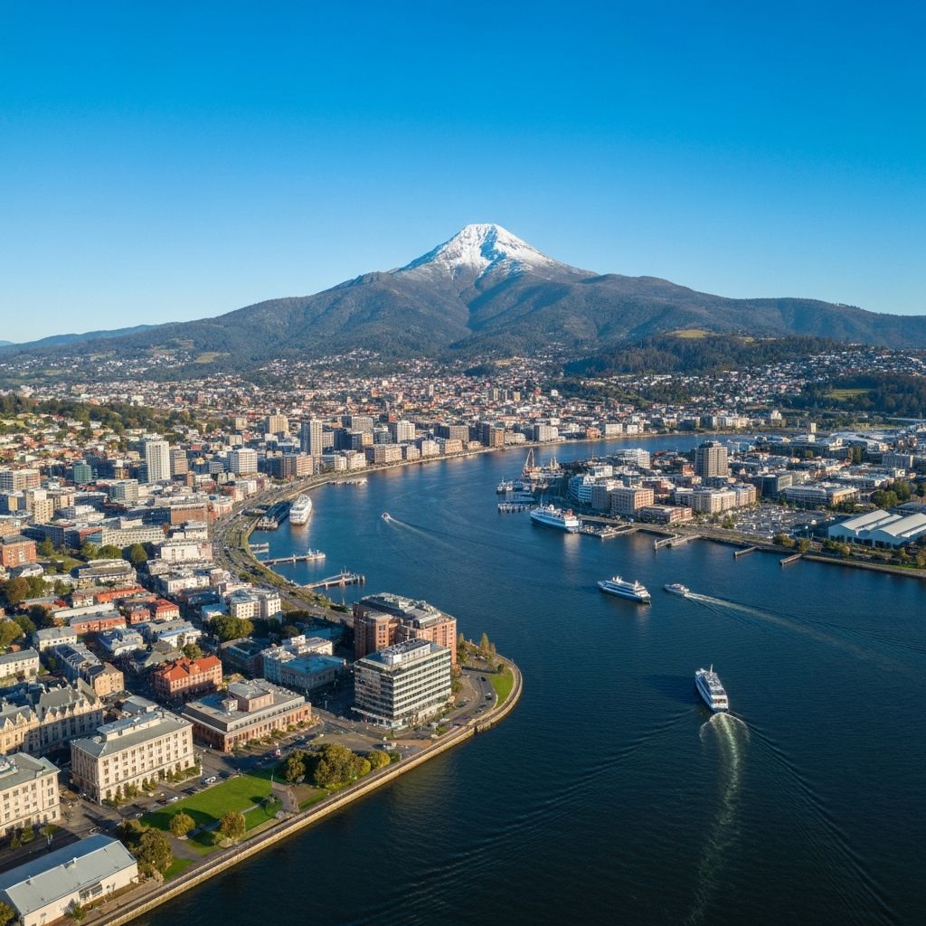 Aerial view of Hobart, Tasmania waterfront and harbour where Brewlab Holdings operates