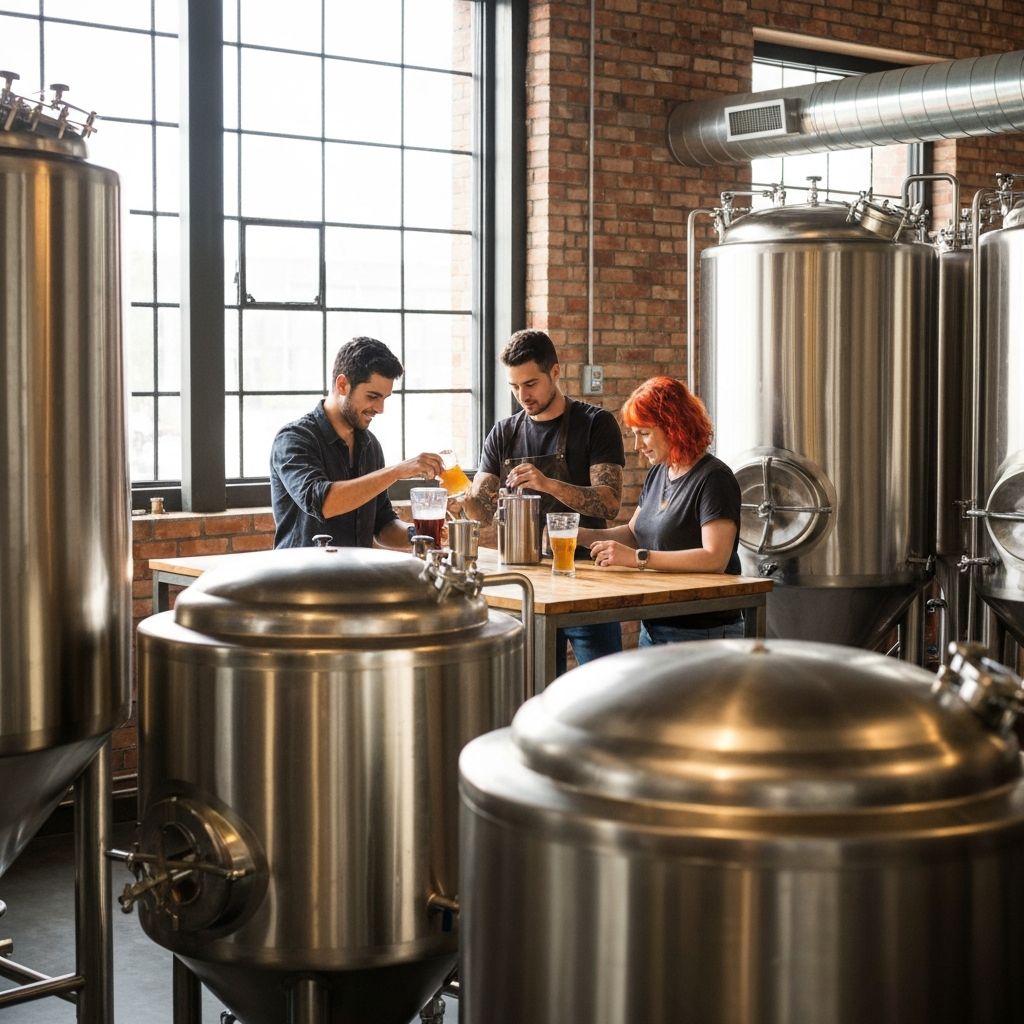 Young entrepreneurs working in the Brewlab brewery incubator space with professional equipment